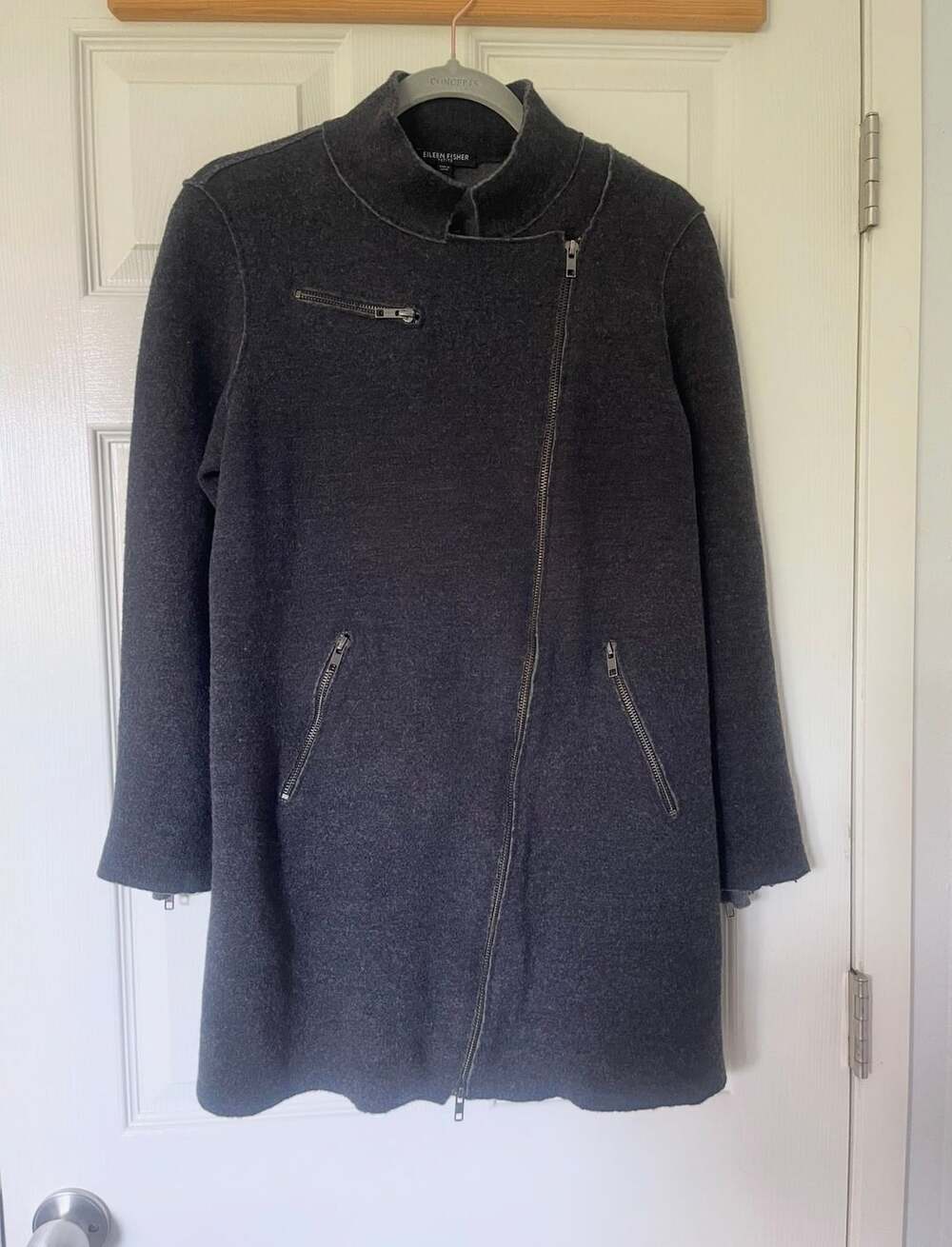 Eileen Fisher Merino Wool Moto Jacket Size PL Charcoal Gray Asymmetric Zip